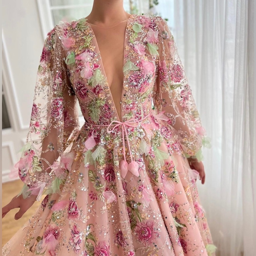 Teuta Matoshi Pink and Green Floral Long Sleeve Dress